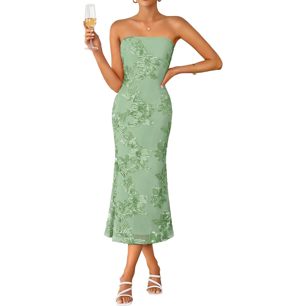 image:imageZESICA 2026 Summer Strapless Floral Cocktail Wedding Guest Dress for WomenGreen