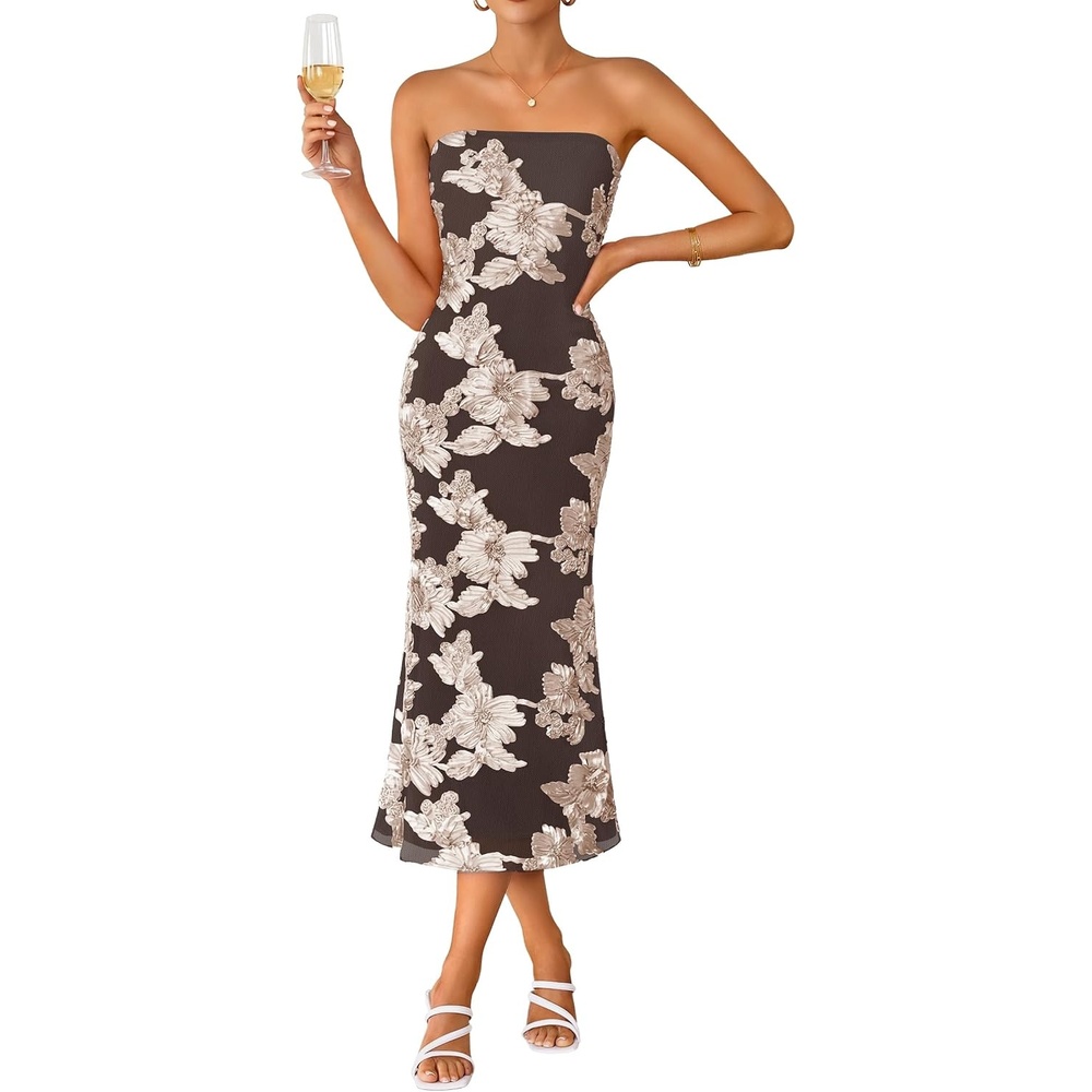 image:imageZESICA 2026 Summer Strapless Floral Cocktail Wedding Guest Dress for WomenLightbrown