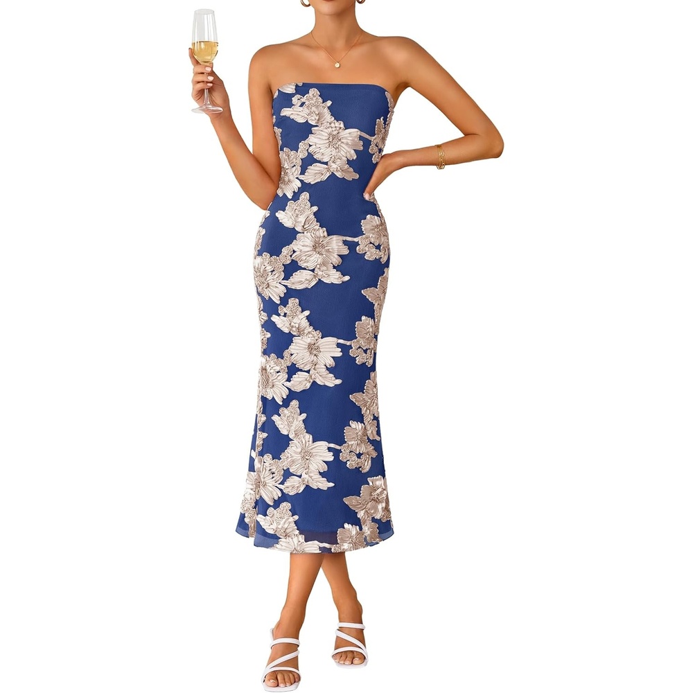 image:imageZESICA 2026 Summer Strapless Floral Cocktail Wedding Guest Dress for WomenRoyalblue