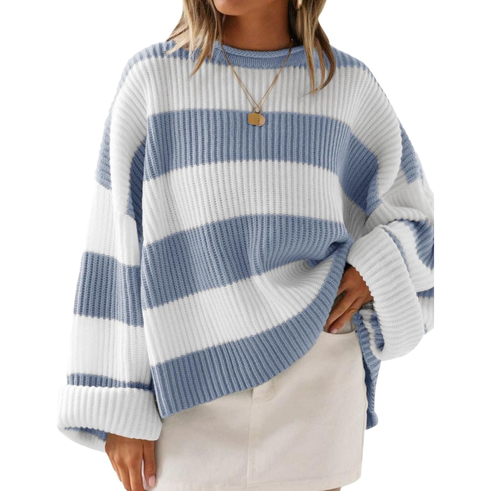 image:imageZESICA Womens Long Sleeve Oversized Striped Knitted SweatersBlue