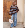 ZESICA Womens Long Sleeve Oversized Striped Knitted Sweaters(Coffee Brown)