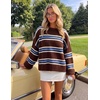 ZESICA Womens Long Sleeve Oversized Striped Knitted Sweaters(Coffee Brown)