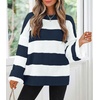 ZESICA Womens Long Sleeve Oversized Striped Knitted Sweaters(Navy)