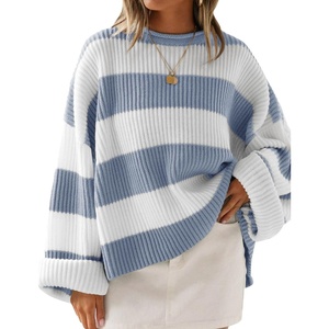 ZESICA Womens Long Sleeve Oversized Striped Knitted Sweaters(Blue)