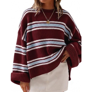ZESICA Womens Long Sleeve Oversized Striped Knitted Sweaters(Burgundy)