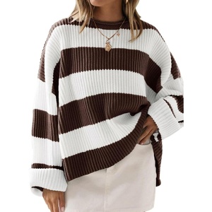 ZESICA Womens Long Sleeve Oversized Striped Knitted Sweaters(Coffee)