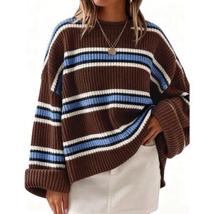 ZESICA Womens Long Sleeve Oversized Striped Knitted Sweaters(Coffee Brown)