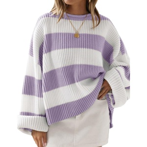 ZESICA Womens Long Sleeve Oversized Striped Knitted Sweaters(Lightpurple)