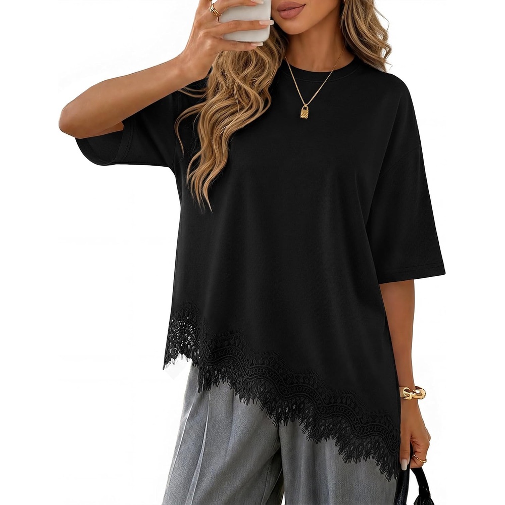 image:imageZESICA Womens Summer Oversized TShirts Asymmetrical Lace Going Out TopsBlack