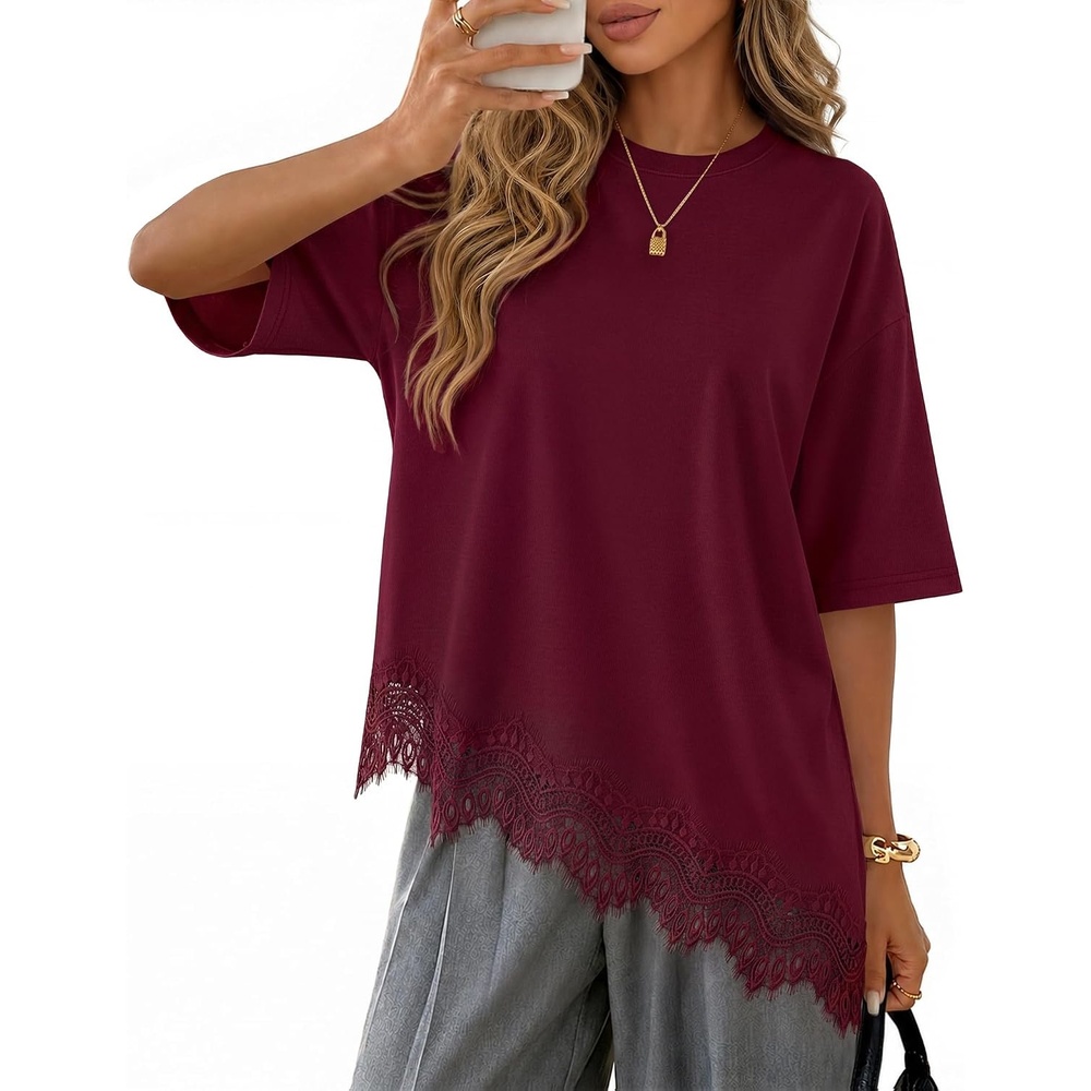 image:imageZESICA Womens Summer Oversized TShirts Asymmetrical Lace Going Out TopsBurgundy