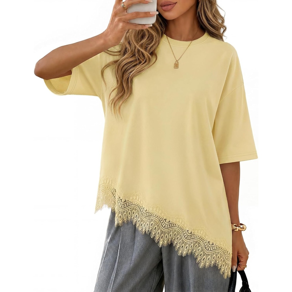 image:imageZESICA Womens Summer Oversized TShirts Asymmetrical Lace Going Out TopsButter Yellow