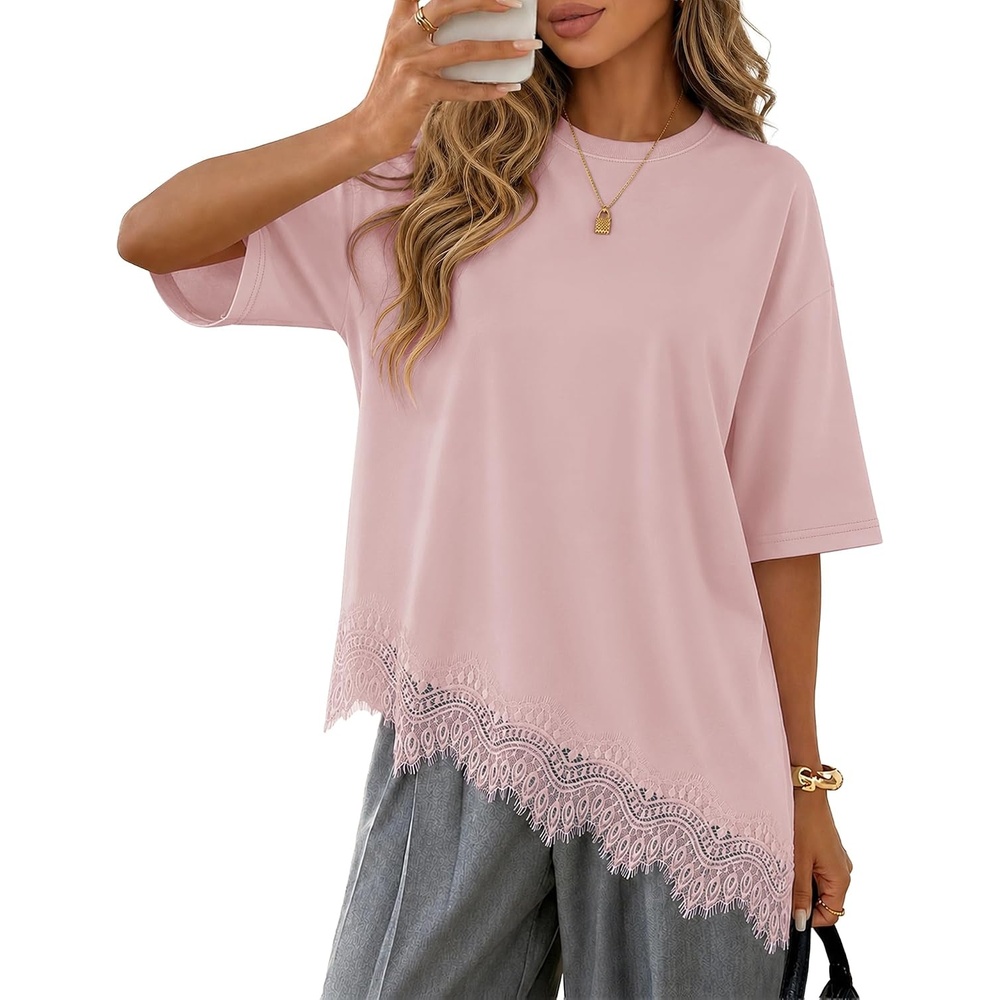 image:imageZESICA Womens Summer Oversized TShirts Asymmetrical Lace Going Out TopsDusty Pink