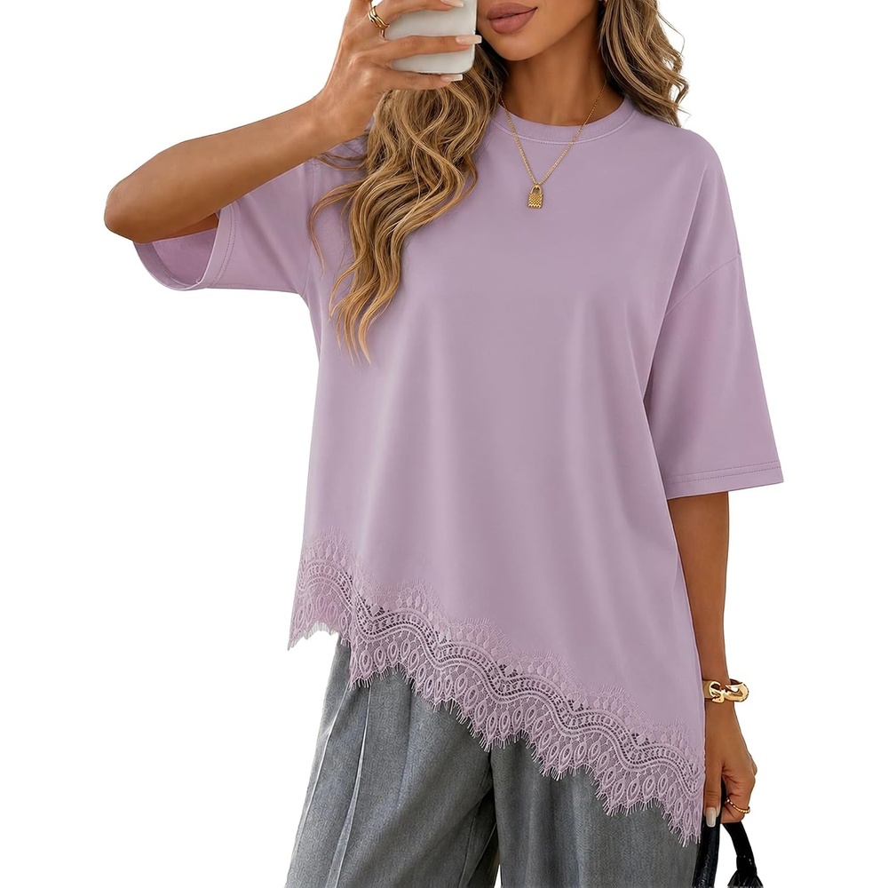 image:imageZESICA Womens Summer Oversized TShirts Asymmetrical Lace Going Out TopsDusty Purple