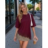 ZESICA Women’s Summer Oversized T-Shirts Asymmetrical Lace Going Out Tops(Burgundy)