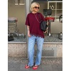 ZESICA Women’s Summer Oversized T-Shirts Asymmetrical Lace Going Out Tops(Burgundy)