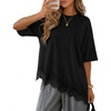 ZESICA Women’s Summer Oversized T-Shirts Asymmetrical Lace Going Out Tops(Black)