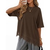 ZESICA Women’s Summer Oversized T-Shirts Asymmetrical Lace Going Out Tops(Brown)