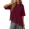 ZESICA Women’s Summer Oversized T-Shirts Asymmetrical Lace Going Out Tops(Burgundy)