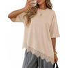 ZESICA Women’s Summer Oversized T-Shirts Asymmetrical Lace Going Out Tops(Sand)