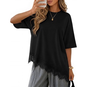 ZESICA Women’s Summer Oversized T-Shirts Asymmetrical Lace Going Out Tops(Black)