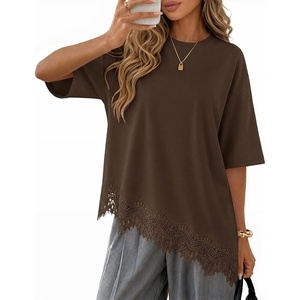 ZESICA Women’s Summer Oversized T-Shirts Asymmetrical Lace Going Out Tops(Brown)