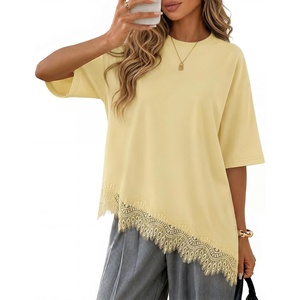 ZESICA Women’s Summer Oversized T-Shirts Asymmetrical Lace Going Out Tops(Butter Yellow)
