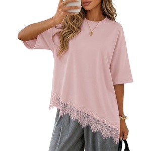 ZESICA Women’s Summer Oversized T-Shirts Asymmetrical Lace Going Out Tops(Dusty Pink)