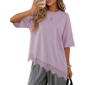ZESICA Women’s Summer Oversized T-Shirts Asymmetrical Lace Going Out Tops(Dusty Purple)