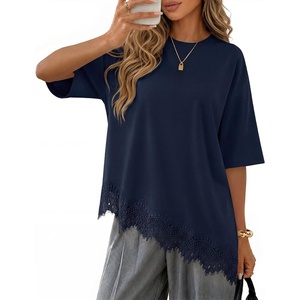 ZESICA Women’s Summer Oversized T-Shirts Asymmetrical Lace Going Out Tops(Navy)