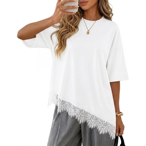 ZESICA Women’s Summer Oversized T-Shirts Asymmetrical Lace Going Out Tops(White)