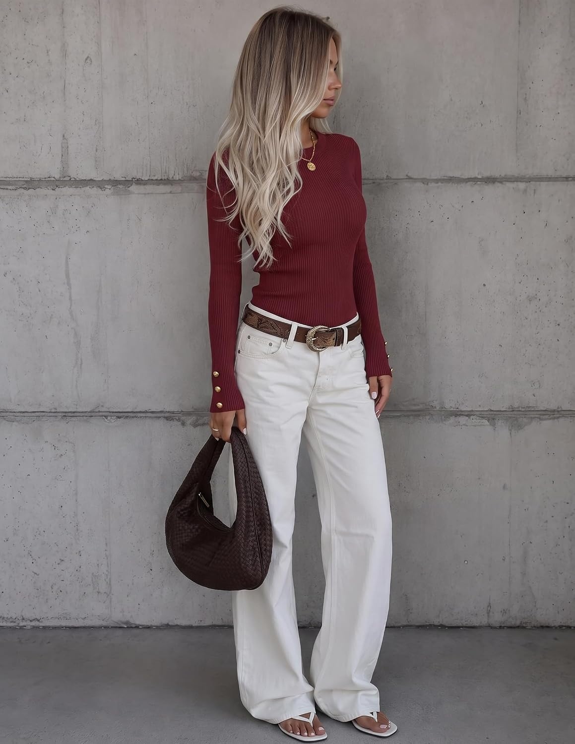 image:imageZESICA Fall Fitted Sweaters for Women 2026 Trendy Business Casual TopsWine