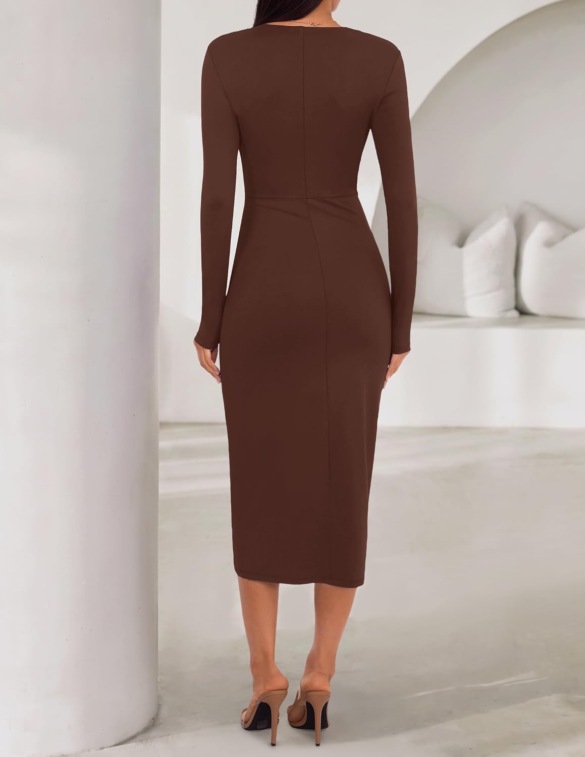 image:imageZESICA Womens Fall Long Sleeve Wrap Bodycon Cocktail Party DressesBrown