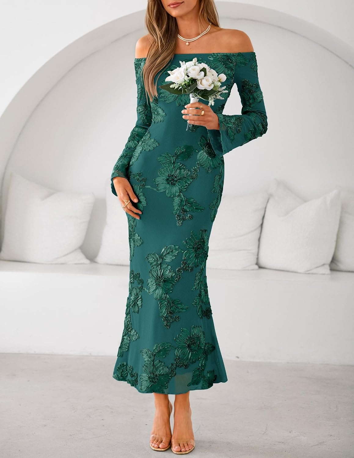 image:imageZESICA Womens Fall Off Shoulder Floral Wedding Guest Maxi DressesGreen