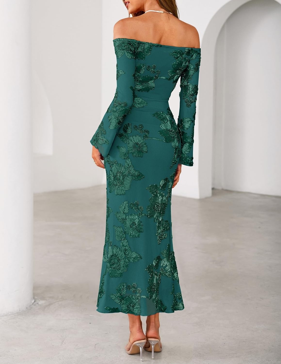 image:imageZESICA Womens Fall Off Shoulder Floral Wedding Guest Maxi DressesGreen