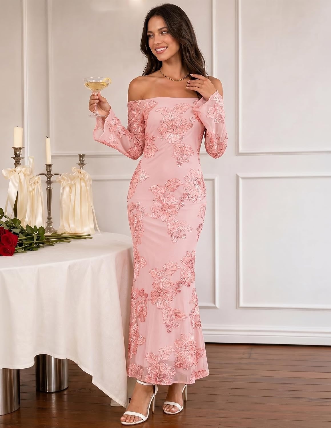 image:imageZESICA Womens Fall Off Shoulder Floral Wedding Guest Maxi DressesPink