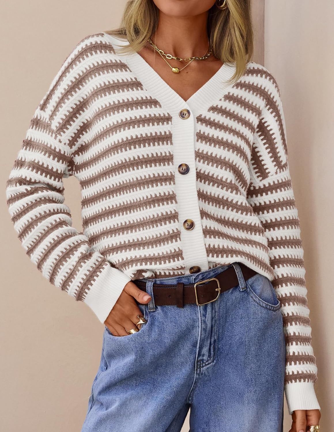 image:imageZESICA Womens Striped Button Up Cardigan Sweaters V Neck Trendy Knit TopsApricot