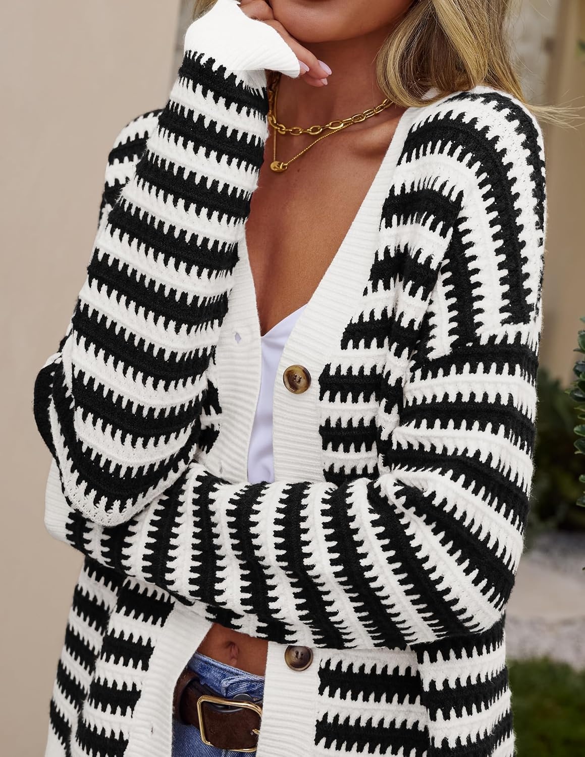 image:imageZESICA Womens Striped Button Up Cardigan Sweaters V Neck Trendy Knit TopsBlack
