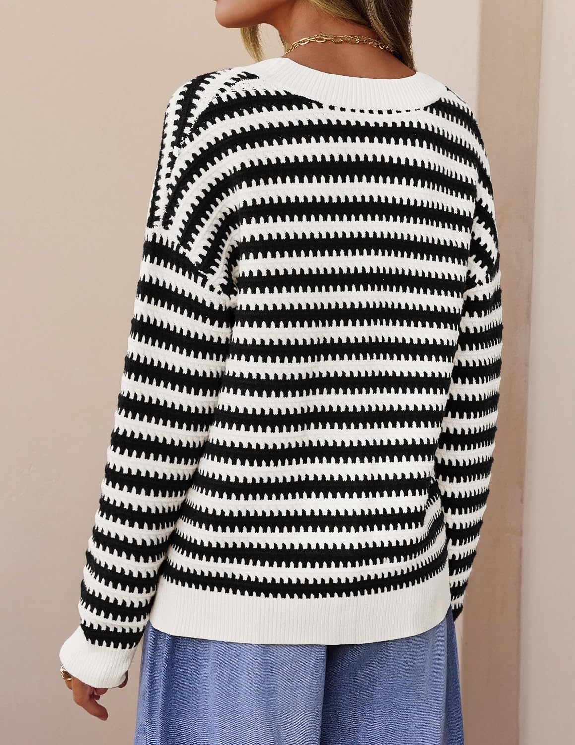 image:imageZESICA Womens Striped Button Up Cardigan Sweaters V Neck Trendy Knit TopsBlack