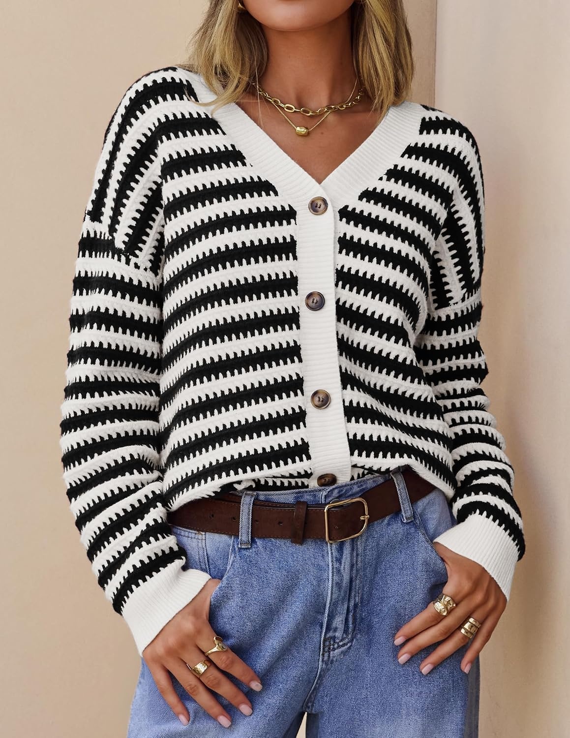 image:imageZESICA Womens Striped Button Up Cardigan Sweaters V Neck Trendy Knit TopsBlack