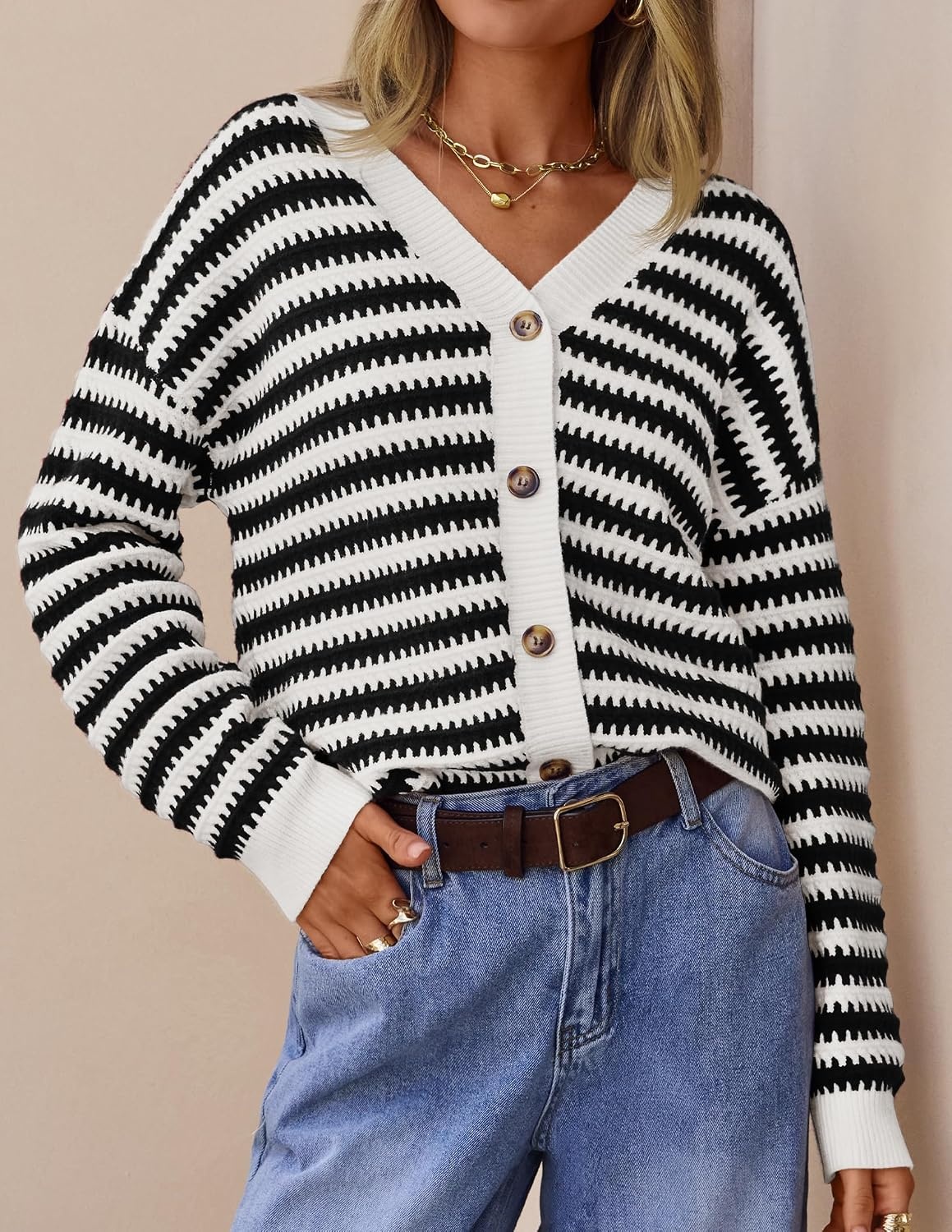 image:imageZESICA Womens Striped Button Up Cardigan Sweaters V Neck Trendy Knit TopsBlack