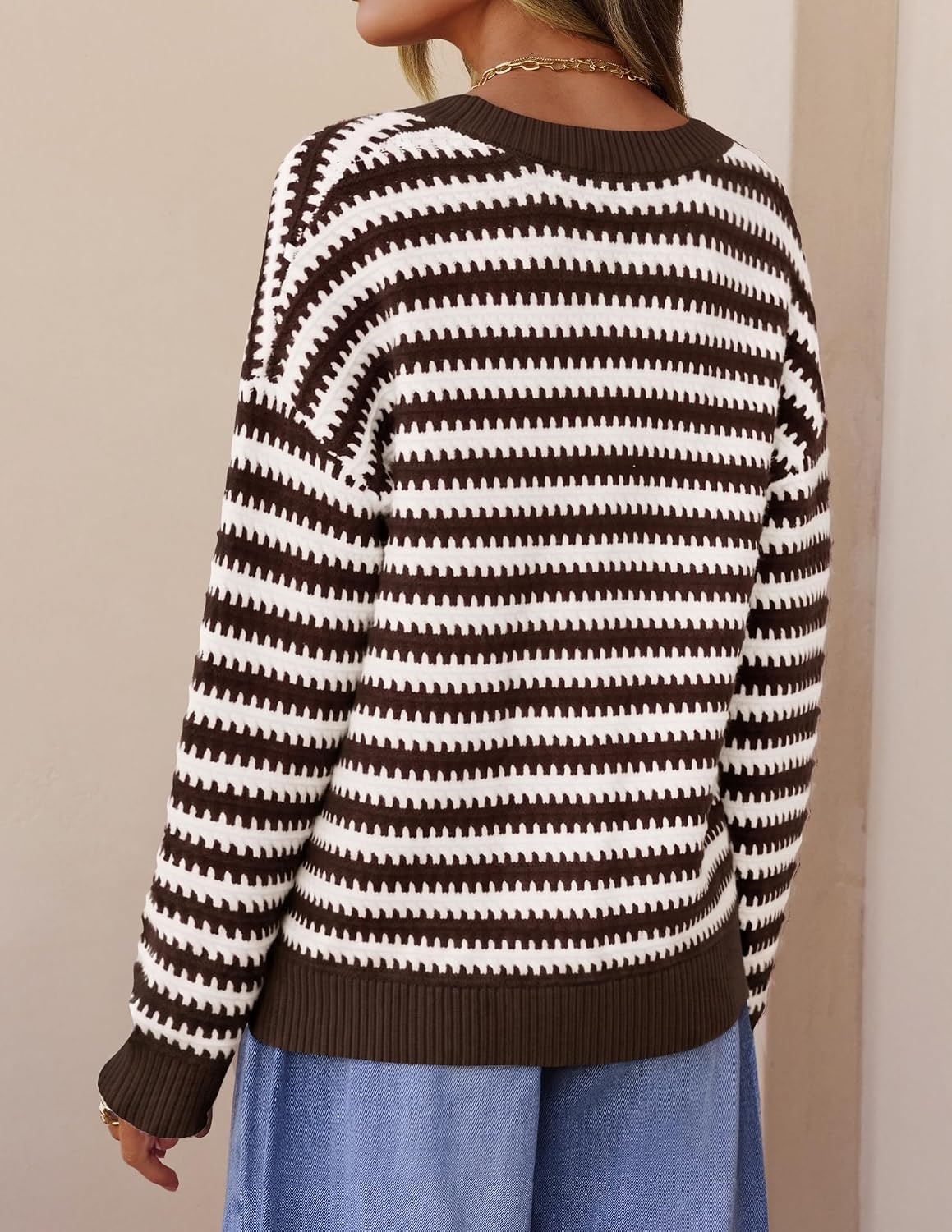 image:imageZESICA Womens Striped Button Up Cardigan Sweaters V Neck Trendy Knit TopsBrown