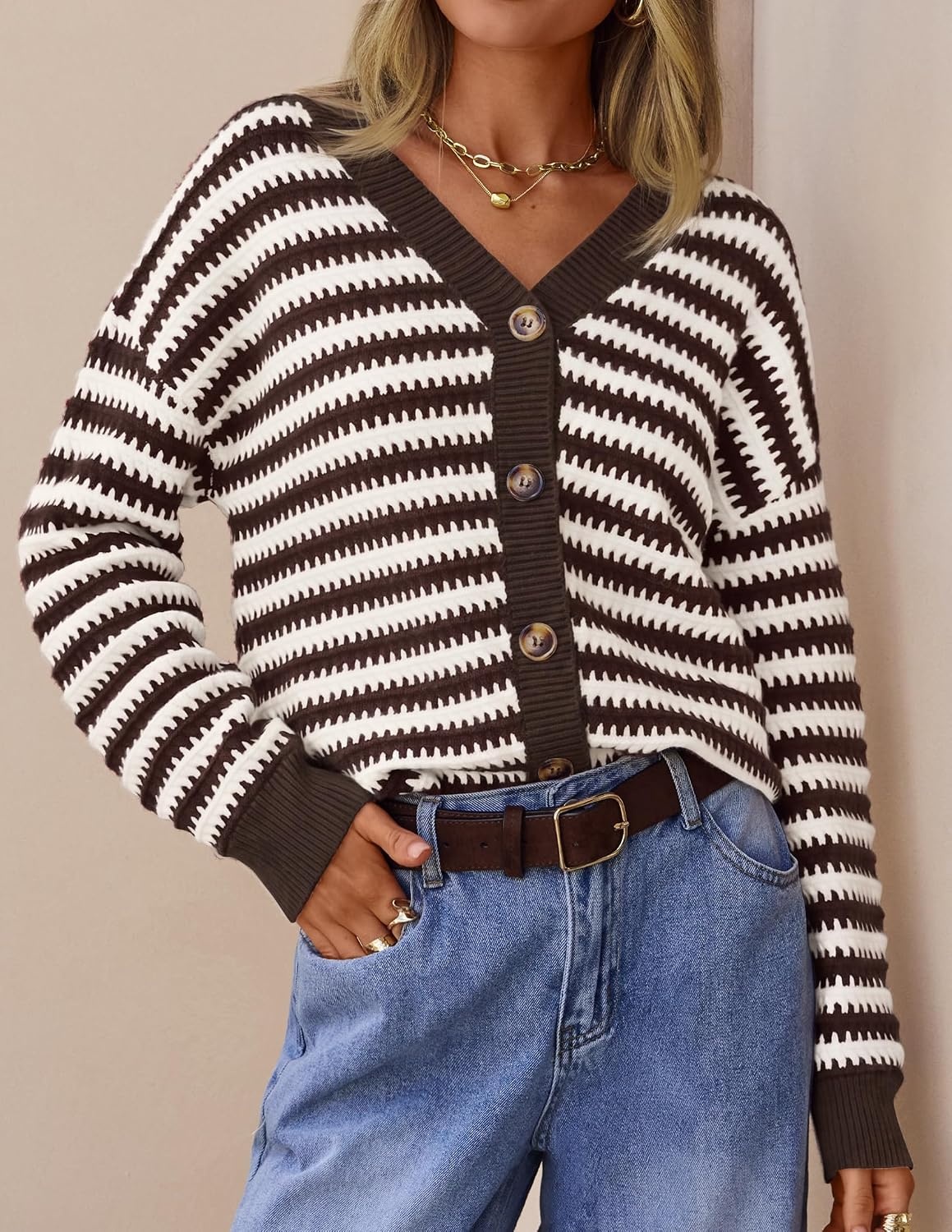 image:imageZESICA Womens Striped Button Up Cardigan Sweaters V Neck Trendy Knit TopsBrown