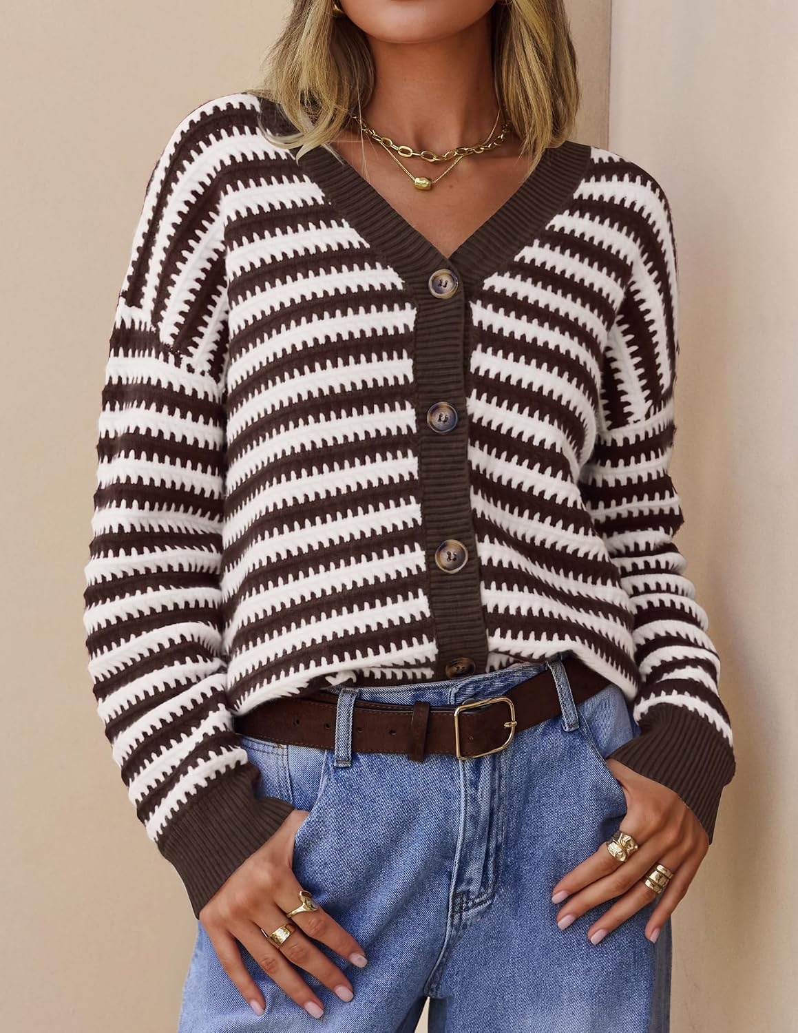 image:imageZESICA Womens Striped Button Up Cardigan Sweaters V Neck Trendy Knit TopsBrown