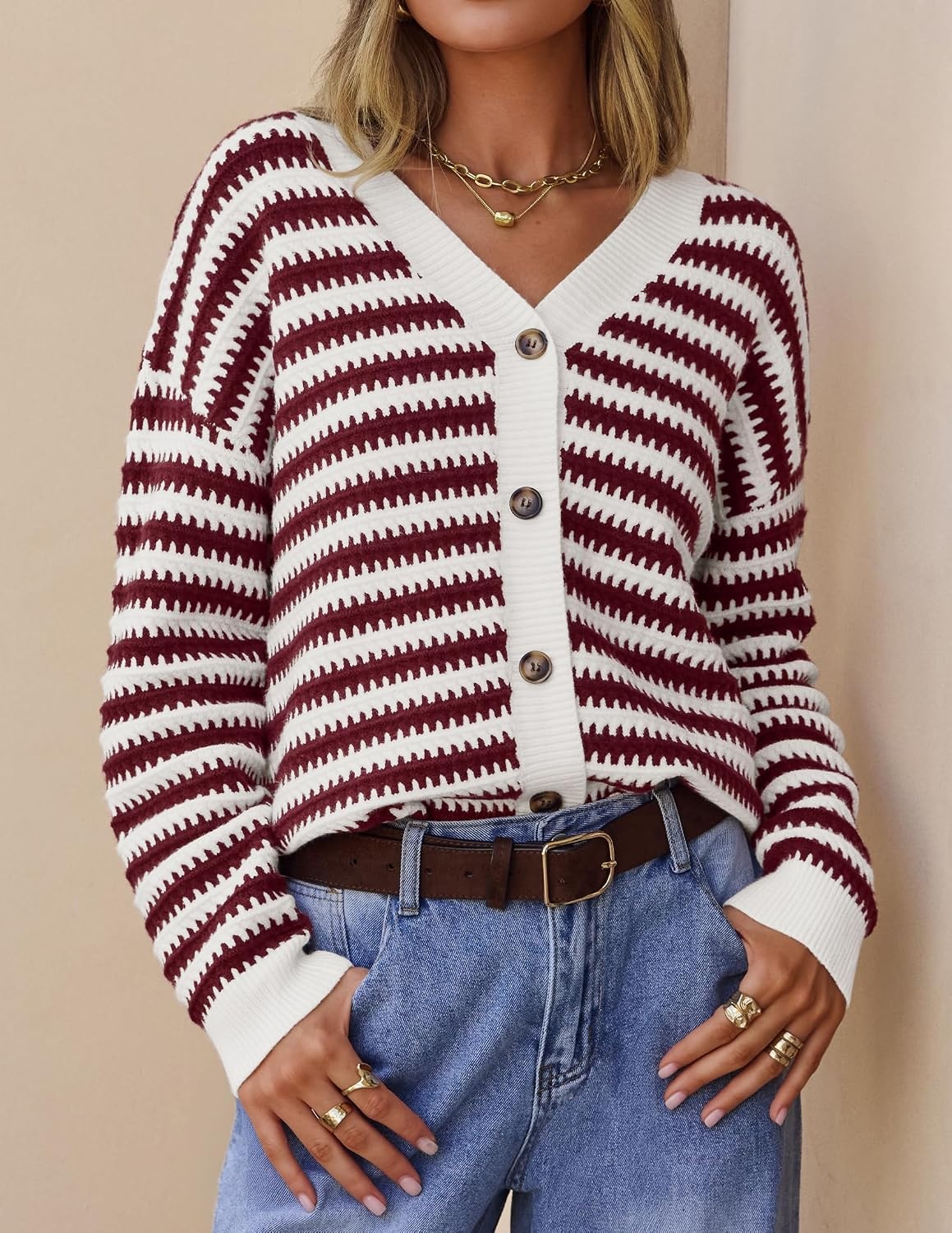 image:imageZESICA Womens Striped Button Up Cardigan Sweaters V Neck Trendy Knit TopsBurgundy