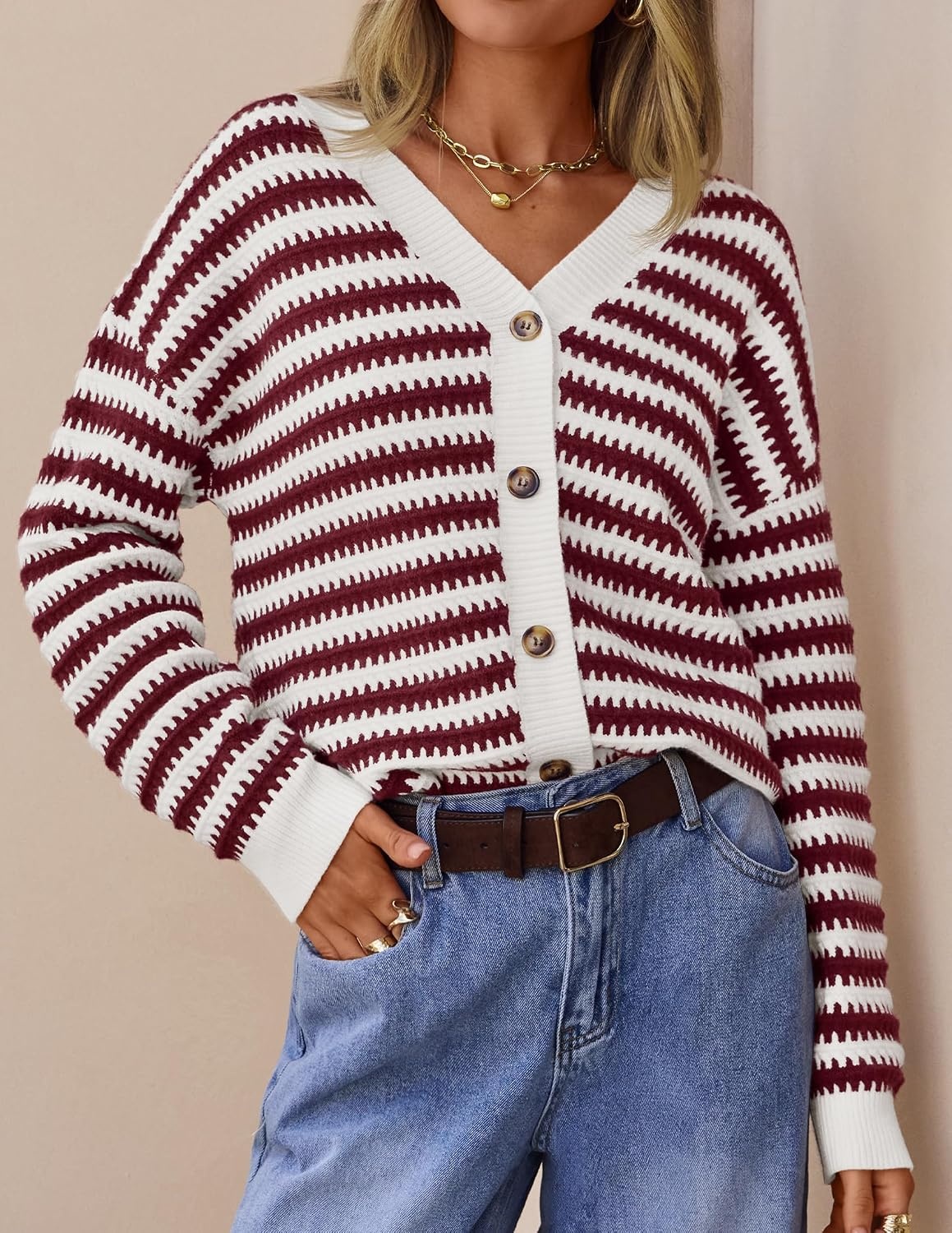 image:imageZESICA Womens Striped Button Up Cardigan Sweaters V Neck Trendy Knit TopsBurgundy