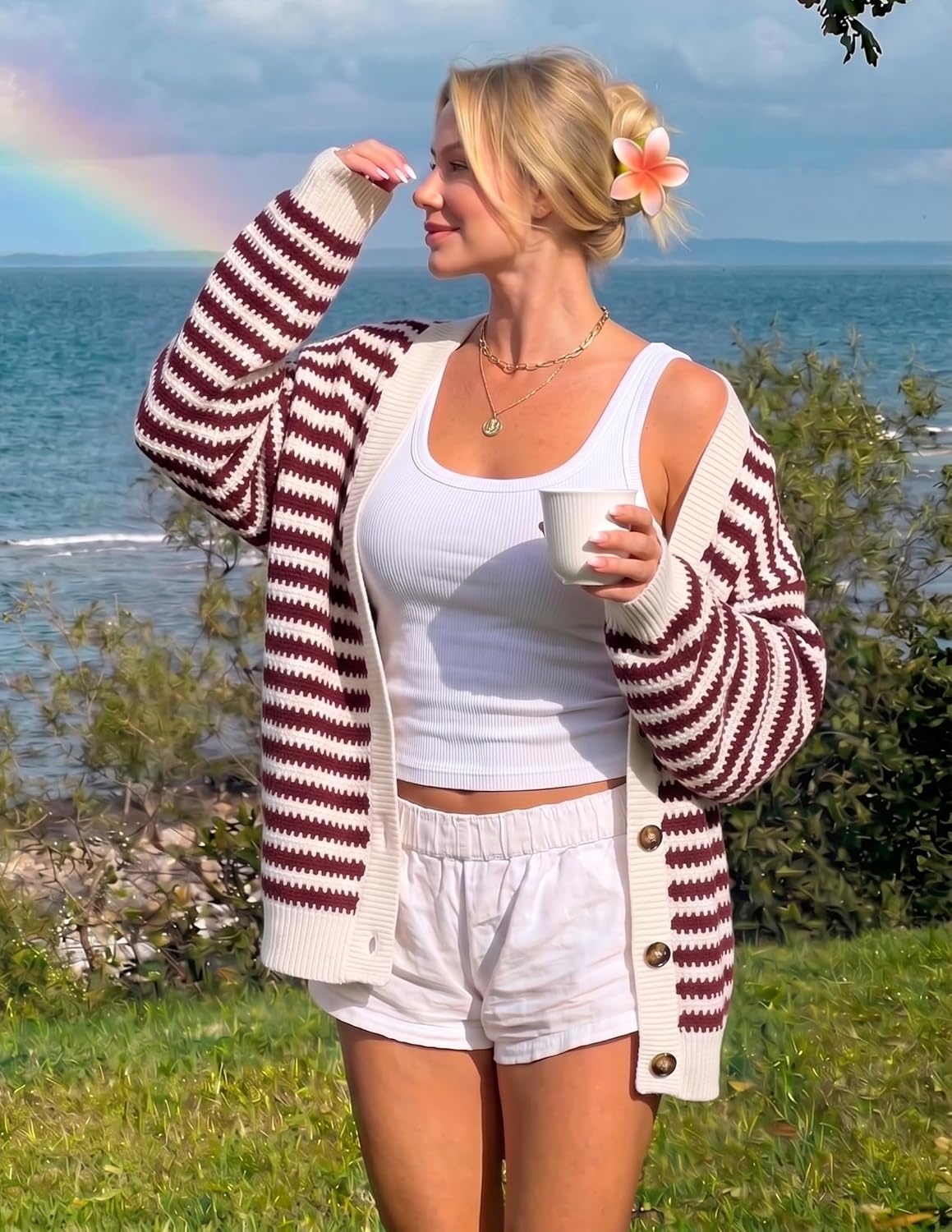 image:imageZESICA Womens Striped Button Up Cardigan Sweaters V Neck Trendy Knit TopsBurgundy