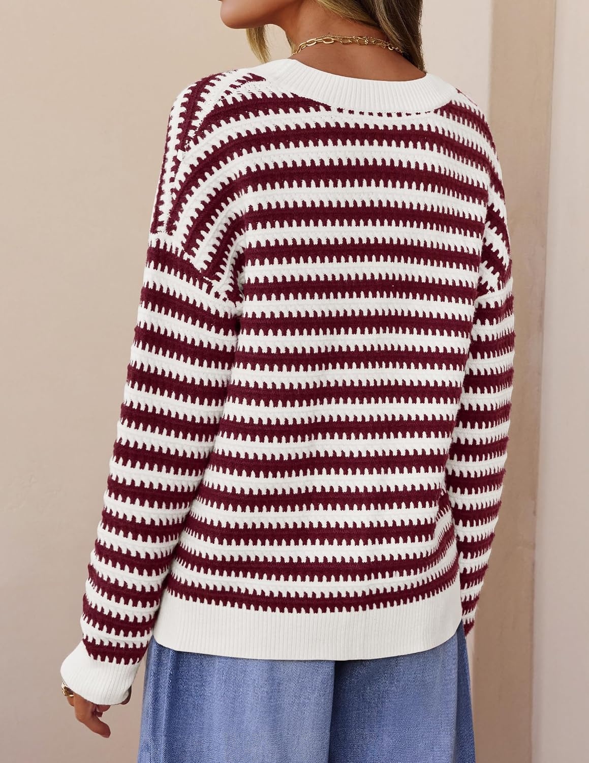 image:imageZESICA Womens Striped Button Up Cardigan Sweaters V Neck Trendy Knit TopsBurgundy