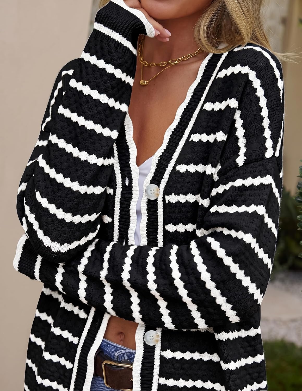 image:imageZESICA Womens Striped Button Up Cardigan Sweaters V Neck Trendy Knit TopsDark Black