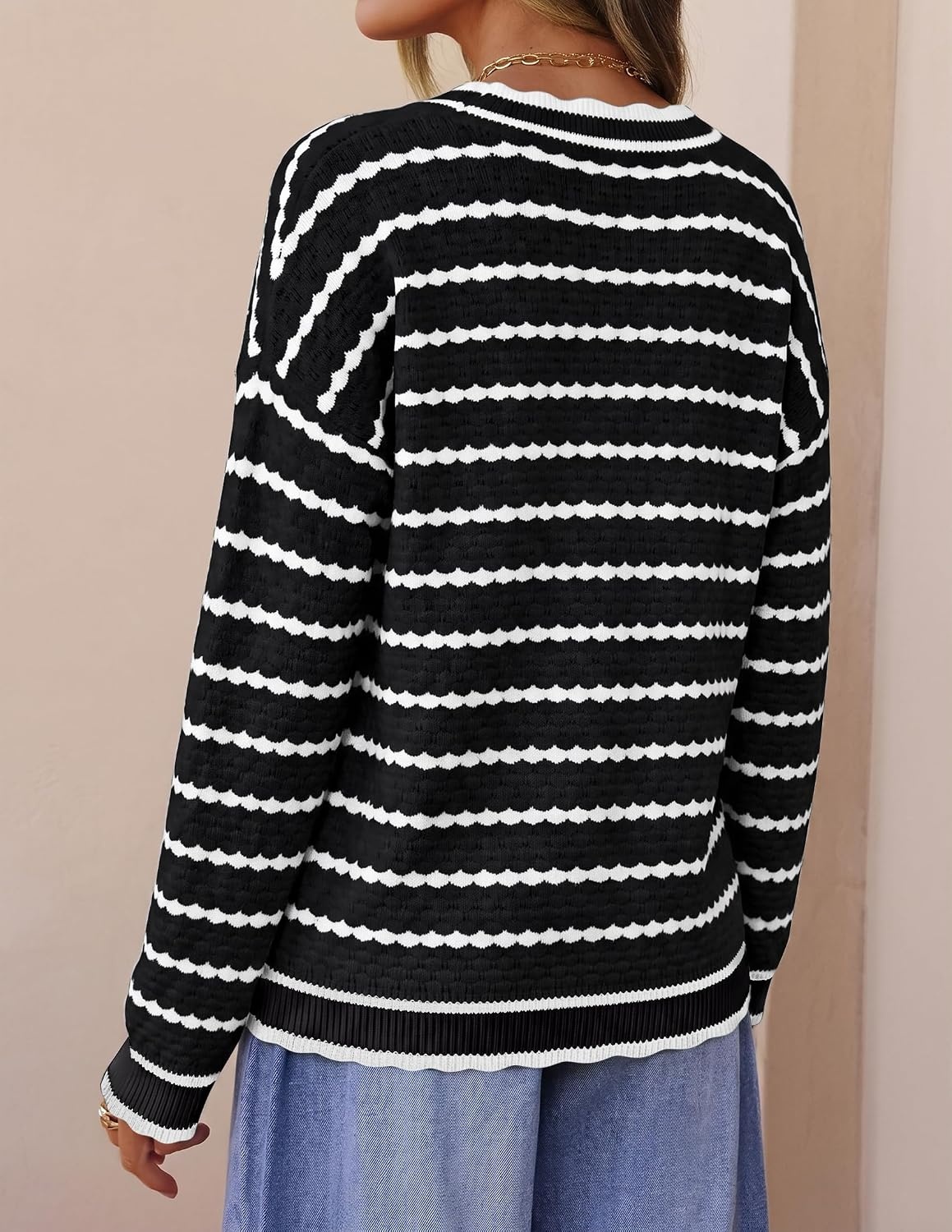 image:imageZESICA Womens Striped Button Up Cardigan Sweaters V Neck Trendy Knit TopsDark Black