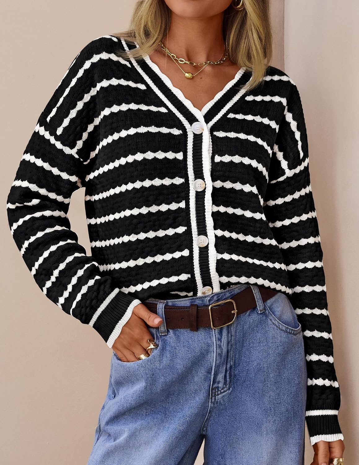 image:imageZESICA Womens Striped Button Up Cardigan Sweaters V Neck Trendy Knit TopsDark Black